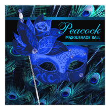 Royal Blue Peacock Feathers Masquerade Party Personalized Invitations