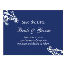 Royal Blue Personalised Flourish Save the Date Post Card