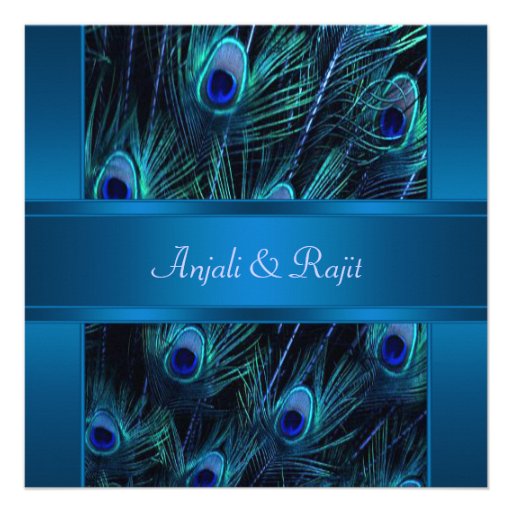 Royal Blue Purple Peacock Feathers Wedding Personalised Invitation