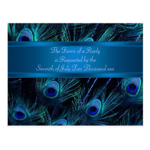 Royal Blue Purple Peacock Feathers Wedding Post Cards