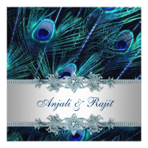 Royal Blue Silver Royal Indian Peacock Wedding Personalised Invitation
