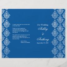 Royal Blue White Damask Foldable Wedding Program Full Color Flyer