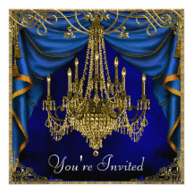 Royal Navy Blue Gold Chandelier Party Invitations