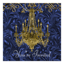 Royal Navy Blue Gold Chandelier Party Invitations