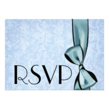RSVP Card Aqua Faux Satin Bow and Grunge Damask Announcements