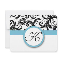 RSVP Cards-Black & White Damask Pool Blue Trim