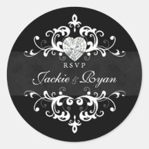 RSVP Wedding Stickers Black White Heart Jewel