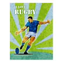 rugby player kicking the ball retro style post card