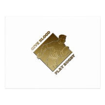 rugby player metallic gold give blood, play rugby postcard
