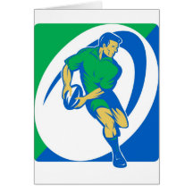 Rugby player running and passing ball card