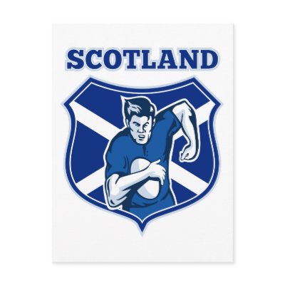 rugby player running ball scotland flag shield Post Card