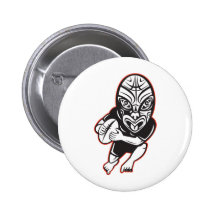 Rugby player running wearing Maori mask Button