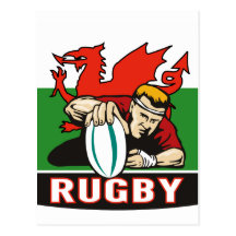 Rugby player scoring try wales flag post card