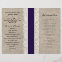 Rustic Lace & Burlap Navy Ribbon Wedding Program Flyer Design