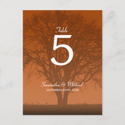 Rustic Orange Oak Tree Wedding Table Number Post Card by printcreekstudio