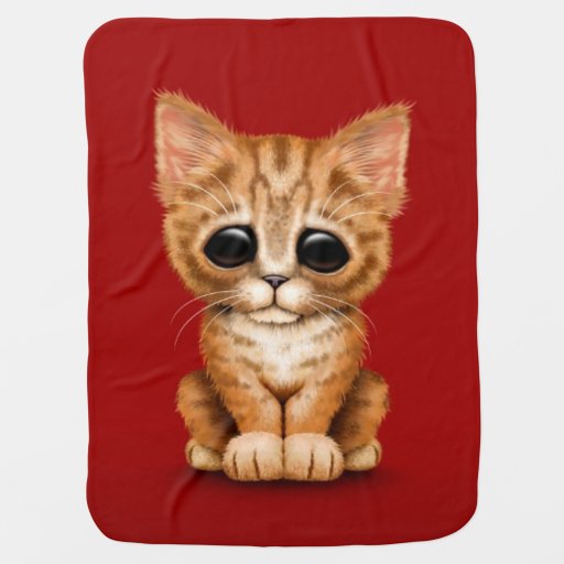 Sad Cute Orange Tabby Kitten Cat on Red Baby Blankets | Zazzle