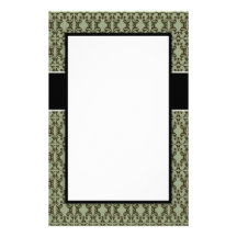 sage olive green and brown ornate damask custom stationery