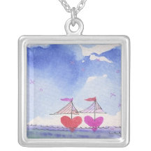 Sailboat Hearts Watercolor Mixed Media Necklaces