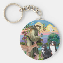 Saint Francis - Two Bernese Mountain Dogs Key Chains
