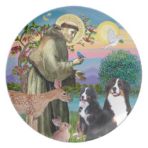 Saint Francis - Two Bernese Mountain Dogs Plate
