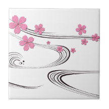Sakura over river - Japanese Design Ceramic Tiles