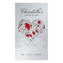 Salon Spa Floral Heart Red Silver Business Card Template