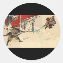 Samurai combat in the snow circa 1890 round stickers