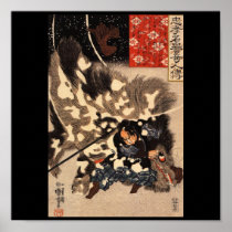 Samurai defeating giant boar c. 1800's print