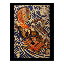 Samurai fighting large reptile, circa 1800's postcards