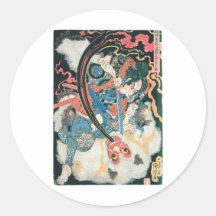 Samurai Killing a Demon, Ancient Japanese Painting Round Stickers