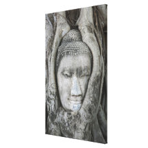Sandstone head of Buddha surrounded by tree Stretched Canvas Print