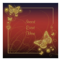 Sangria red butterfly gold black swirls personalized invites
