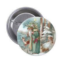 Santa and Forest Animals Vintage Christmas Pinback Button