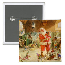 Santa Claus and his Elves in the Reindeer Stable Pinback Buttons