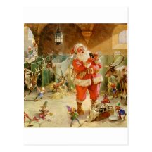 Santa Claus and his Elves in the Reindeer Stable Postcard