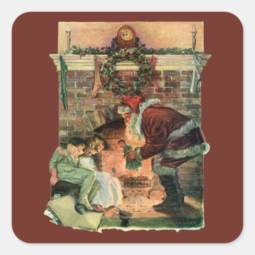 Santa Claus and Sleeping Children by the Fireplace Stickers