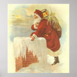 Santa Claus Climbing Down the Chimney with Toys Poster