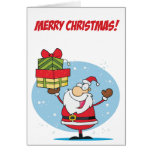 Santa Claus Holds Up A Pack Of Gifts Card