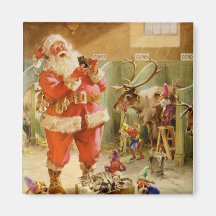 Santa Claus in his North Pole Reindeer Stables Refrigerator Magnet