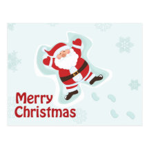 Santa Claus making snow angel chrismas postcard