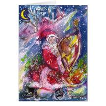 SANTA CLAUS PLAYING HARP IN THE MOONLIGHT GREETING CARDS