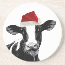 Santa Cow - Dairy Cow wearing Santa Hat Beverage Coasters