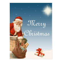 Santa going down the Chimney Vintage design Postcard