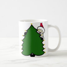 Santa Hides Behind Christmas Tree Coffee Mugs