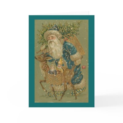Santa in Blue with Reindeer Christmas Card by merleon