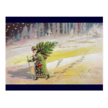 Santa in Green Coat Beneath Starry Sky Post Card