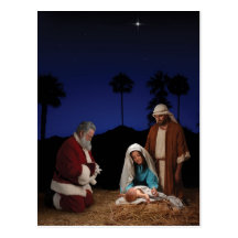 Santa Kneeling at Nativity Postcards