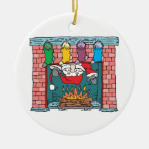 santa peeking in fireplace ornament