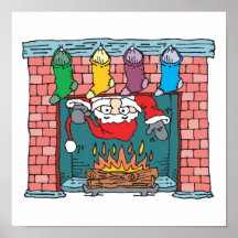 santa peeking in fireplace posters