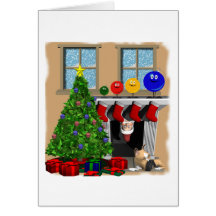 Santa peeking with 4 ordiment on the mantel greeting card